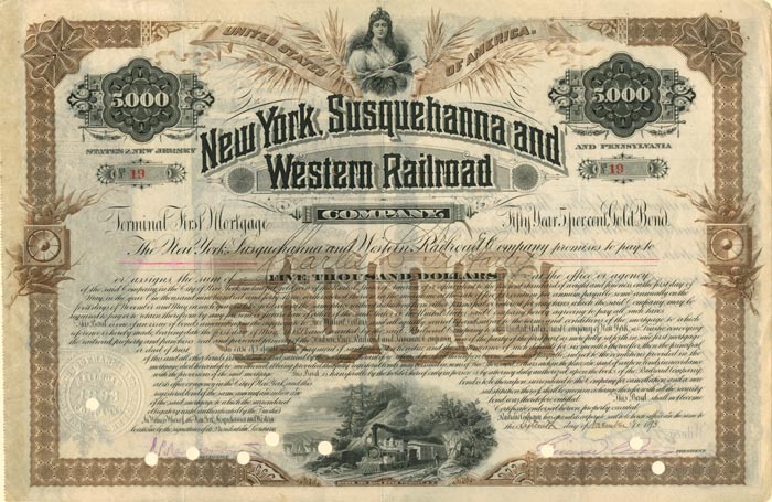 New York, Susquehanna and Western Rairoad Company Bond Issued to Charles L. Tiffany and Signed by Lewis C. Tiffany of Tiffany & Company Fame